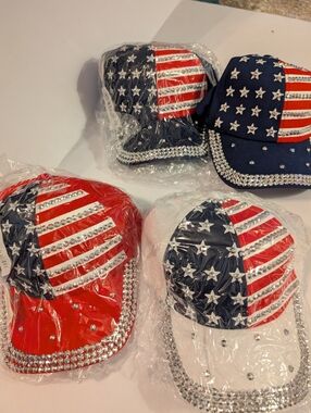Red White And Blue Rhinestone 4 Ball Caps Adjustable